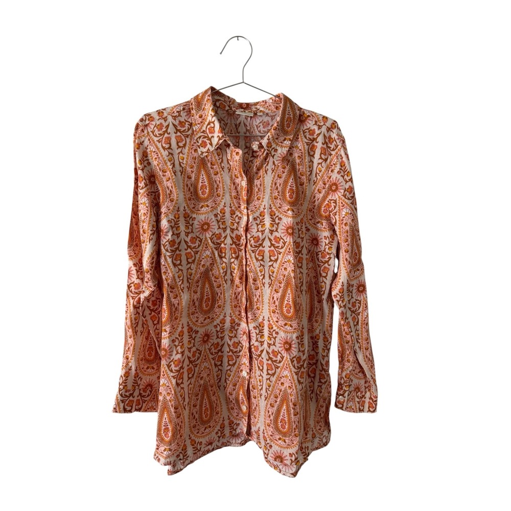 Spartina 449 Aida Linen Tunic Top Buttonfront Shirt XL Paisley Pink Boho Paisley